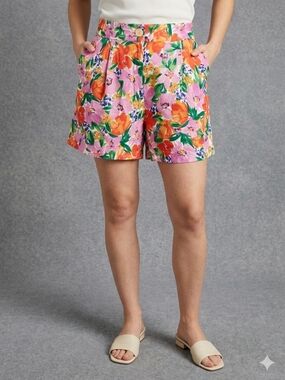 Zara Floral Linen Blend High Waisted Pleated Shorts Multi-Color Size Medium